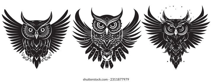 Ilustración de silueta vectorial en blanco y negro de cabezas de búho