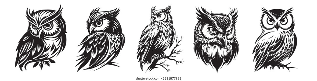 Owl heads black and white vector silhouette illustration