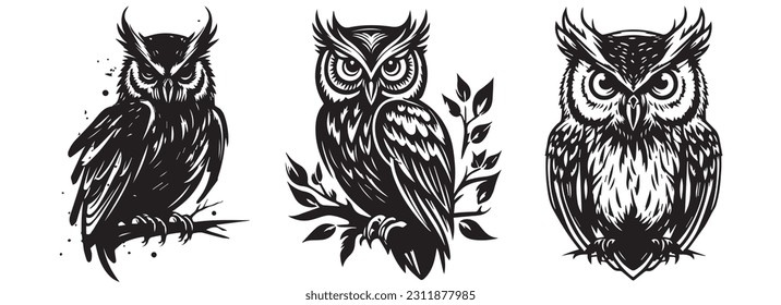 Owl heads black and white vector silhouette illustration