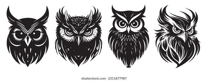 Owl heads black and white vector silhouette illustration