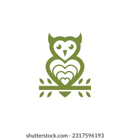 Owl, heart and leaf combination logo around it, simple and modern, suitable for any business use.