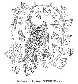 Owl and heart leaf hand drawn for adult coloring book