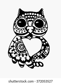 Owl with heart vector illustration. Owl with heart picture. Owls with heart art. Isolated owl with heart in flower style.