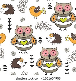 owl, hedgehog, bird seamless pattern