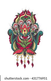 Owl. Henna tattoo mehndi floral abstract illustration design. Trendy Vintage style element. Coloring page - zendala, zendoodle.
