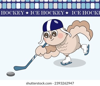 Owl hockey player in helmet and skates with a stick moves the puck on the ice hockey rink. Vector illustration. Winter sport.