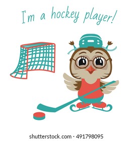 Owl Hockey Player. Vector Illustration. Isolated on white.
