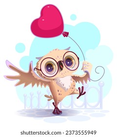 Búho sostiene globo rojo forma día valentina del corazón. Ilustración de dibujos animados