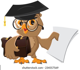 Owl holding a briefcase and paper. Illustration in vector format