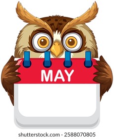 An owl holding a calendar marked May