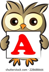 owl holding a card with letter A
