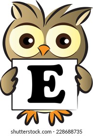 owl holding a card with letter E
