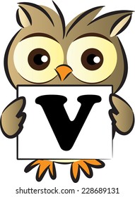 owl holding a card with letter V