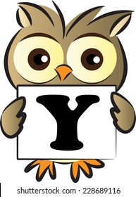 owl holding a card with letter Y