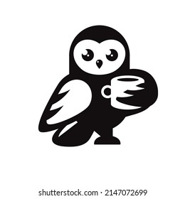 owl holding cup of coffee black and white color vector, Illustration of an Owl drinking a cup of coffee