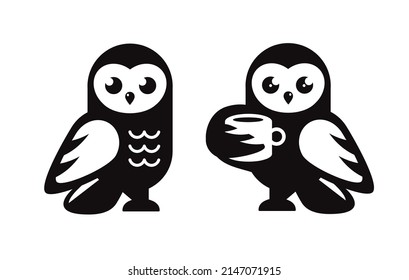 owl holding cup of coffee icon black and white background vector