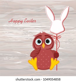 An owl is holding an Easter bunny from a paper on a stick. Vector on wooden background. Greeting card or invitation for the holiday. Empty space for text.