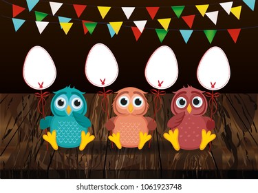 An owl is holding an Easter eggs from a paper on a stick. Garland of flags. Vector on wooden background. Greeting card or invitation for the holiday. Empty space for text.