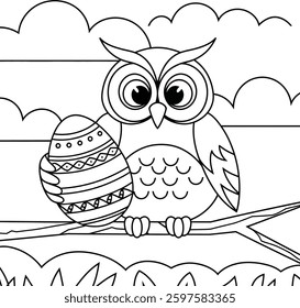 The owl is holding a mystical easter egg with clear lines and friendly symbols
