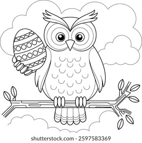 The owl is holding a mystical easter egg with clear lines and friendly symbols
