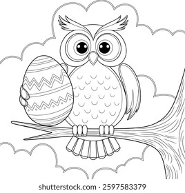 The owl is holding a mystical easter egg with clear lines and friendly symbols