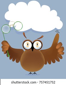 Owl holding paper mockup empty template vector illustration. Talk frame without text, concept of attention, announcement frame flat style design