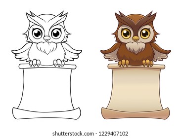 Owl holding a paper page in claws. Vector drawing of a brown bird with empty page isolated on white