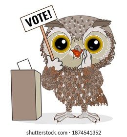 owl holding a sign with the inscription Vote, there is a ballot box next to it, color vector emoticon on a white isolated background, hand drawn clip art