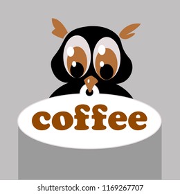 
The owl holds a price tag in its beak with the inscription "coffee".