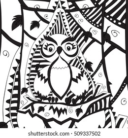 Owl in the hollow. Abstract pattern. Freehand sketch. The bird sits on a branch. Leaves are falling. Clear outline. Black-white illustration.