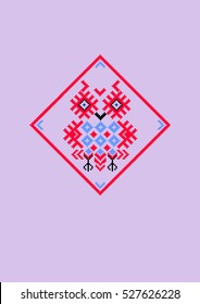 Owl in the hollow of the elements of the  Belorussian Slavic ornament. Cross - stitch