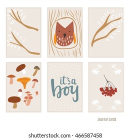 Owl in the hollow. mushrooms. Set of cards for baby shower. Autumn. Decor for invitations, journal cards, greeting cards, posters, blogging. Children's illustration.