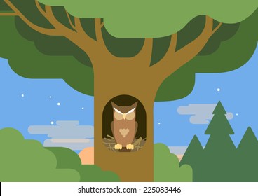 Owl in a hollow tree forest habitat flat design cartoon vector wild animals birds. Flat zoo nature children collection.