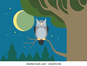 Owl in a hollow tree night forest habitat flat design cartoon vector wild animals birds. Flat zoo nature children collection.