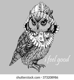 Owl in a hood on gray background. Vector illustration.