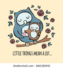 OWL HUG HER SON Mothers Day Holiday Parental Relationship Cute Birds Friend To Friend Text Hand Drawn Clip Art Vector Illustration Set For Print