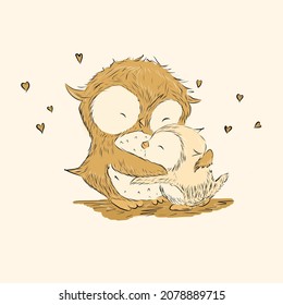 an owl hugs a beloved little owl