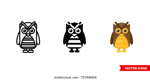 Owl icon of 3 types: color, black and white, outline. Isolated vector sign symbol.