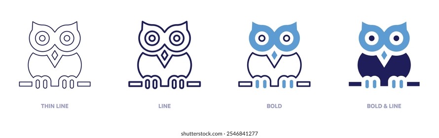 Owl icon in 4 different styles. Thin Line, Line, Bold, and Bold Line. Duotone style. Editable stroke.