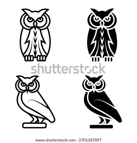 Owl icon set. A set of four minimalist owl silhouette illustrations. Includes variations in black and white, line art, and different poses. Great for logos, icons, and design elements.