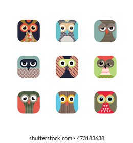 Owl Icon Squae Set Vector