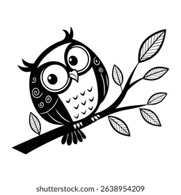 Owl icon vector. Owl icon silhouette vector art. Black and White Owl Vector Illustration on a Tree Branch. Owl on a branch black silhouette, hand drawn isolated on white background 