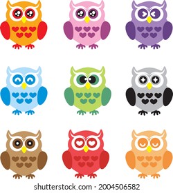 Owl icons, bright owls with different emotions