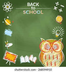 Owl with Icons Frame Chalk Drawing Style, School, Education, Learning and Study