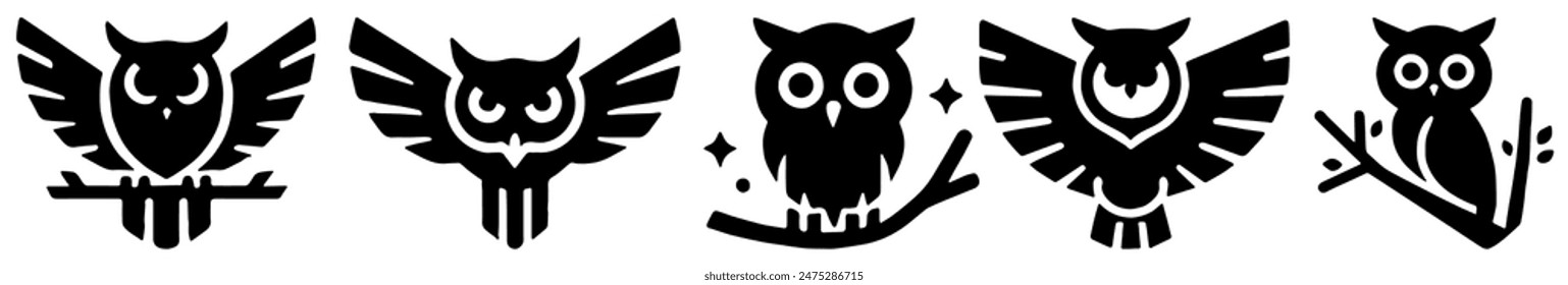 Owl Icons, Ideal for Nature and Wisdom Themes - Flat Vector Illustration