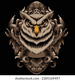 owl illustration with baroque ornament