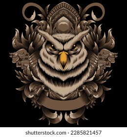 owl illustration with baroque ornament