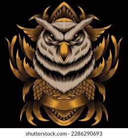 owl illustration with baroque ornament