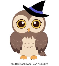 owl illustration in cartoon style, wearing a witch hat, ideal for spooky party invites, seasonal decorations, kids’ crafts, and digital prints.
