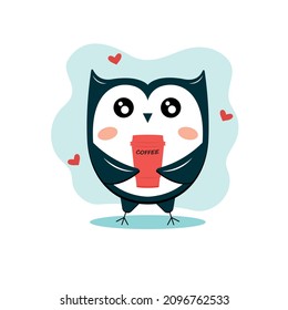 Owl illustration in flat style. Hand drawn cartoon animal print for kids or babies t-shirt design, room decoration, greeting cards, posters. Cute character with cup of coffee. Vector